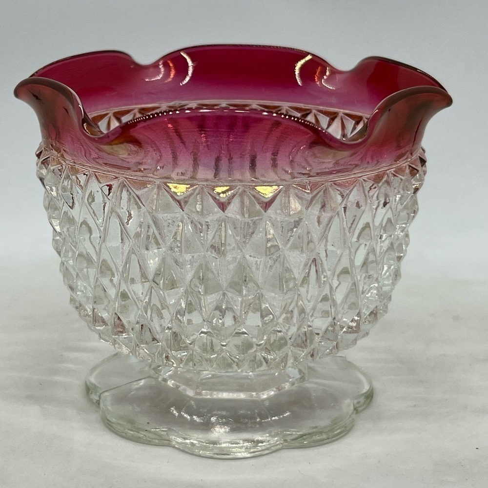 Vintage Indiana Glass Ruby Red Flash Diamond Point Candle Bowl